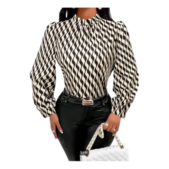 Shein Camisa Cuello Alto Estampada De Manga Abultada