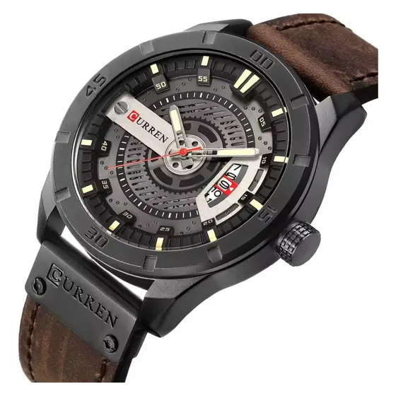Reloj Curren 8301 Hombre Negro Cuero Hebilla Simple Marrón Oscuro Negro Negro