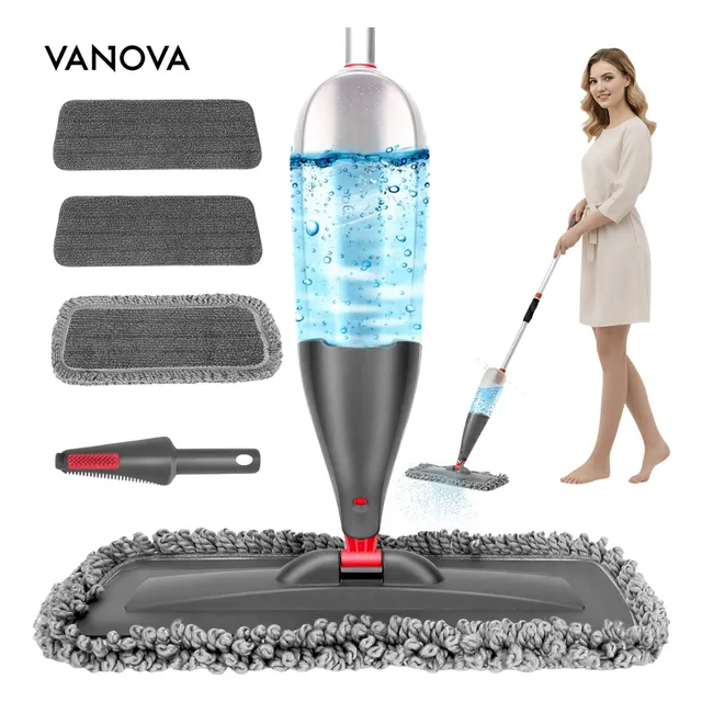 Mop Spray 360 Vanova 800ml Vassoura Mop Mágica Com 3 Refis Microfibra Cabeça Giratória Sem Balde Para Pisos Laminado Porcelanato Vinílico E Madeira Selada
