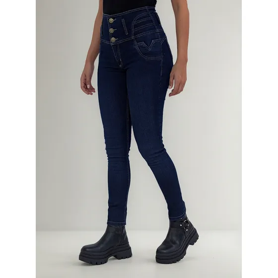 Jean Chupin Mujer Tiro Alto Elastizado Con Faja Azul Oscuro
