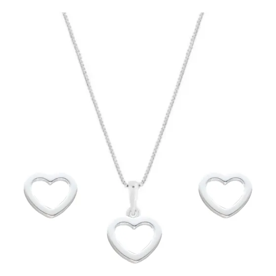 Conjunto Joia Prata925 Colar E Brinco Coração Vazado