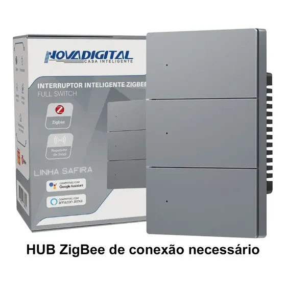 Interruptor Inteligente NovaDigital Safira ZigBee com 3 Teclas Full Press para Alexa e Google Home