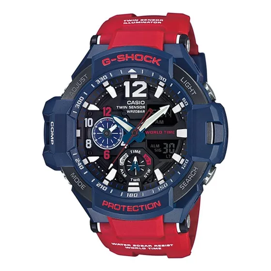 Reloj de pulsera Casio Gravitymaster GA-1100 de cuerpo color azul, analógico-digital, para hombre, fondo negro, con correa de resina color rojo, agujas color blanco, gris y azul y rojo, dial blanco, s