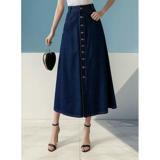 Falda Pantalon Falda Larga Maxivestido Vaquero Con Botones