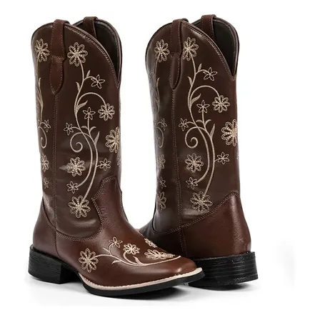 Bota Texana Feminina Nobre Country Couro Com Flores Clássica