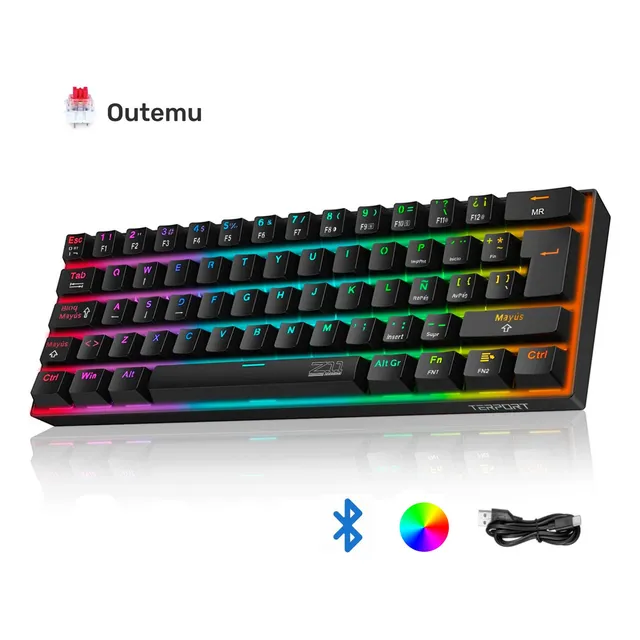 TERPORT 60% Teclado Mecanico Inalambrico Español Z11, Bluetooth+2.4g+cable, Outemu Red Switch, 62 Teclas Anti-ghosting, Retroiluminación Rgb / Teclado Pc Computadora Para Win/mac/ios/android