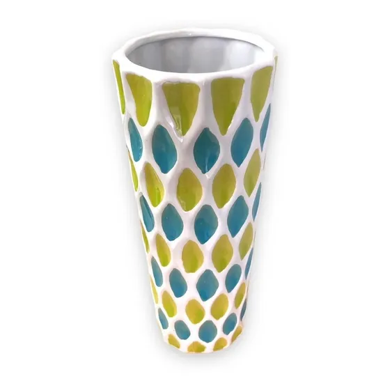 Jarrón De Cerámica Blanco Con Verde Y Azul