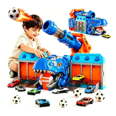 Caminhão Dinossauro T-rex Que Engole Carros Con 6 Bolinhas Lançador De Carros E Bolas + Garagem Expansível Azul