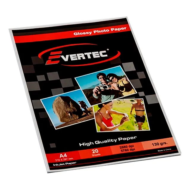 RESMA PAPEL FOTO GLOSY 130G A4 EVERTEC 20 HOJAS COLOR BLANCO