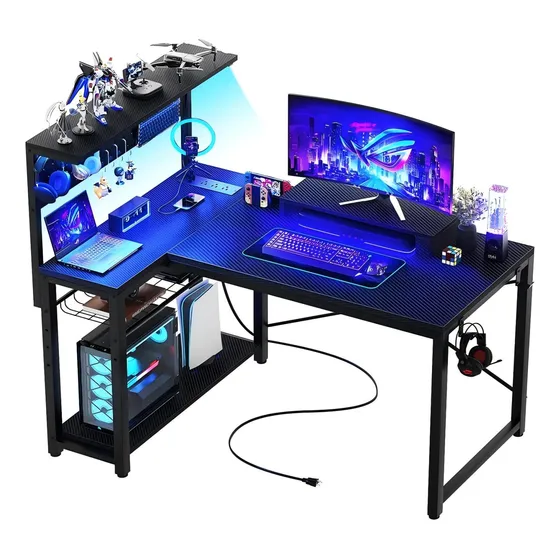 Escritorio Gamer Led Con Puertos Carga Textura Fibra Carbono