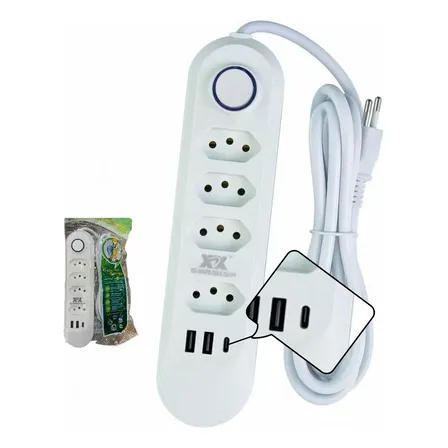Extensão 2 Metros 4 Tomadas 3 Usb/2usb 10a Régua Energia Branco 127/220v