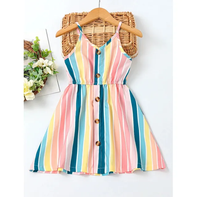 Niñita Vestido De Tirantes De Rayas Con Botón Delantero