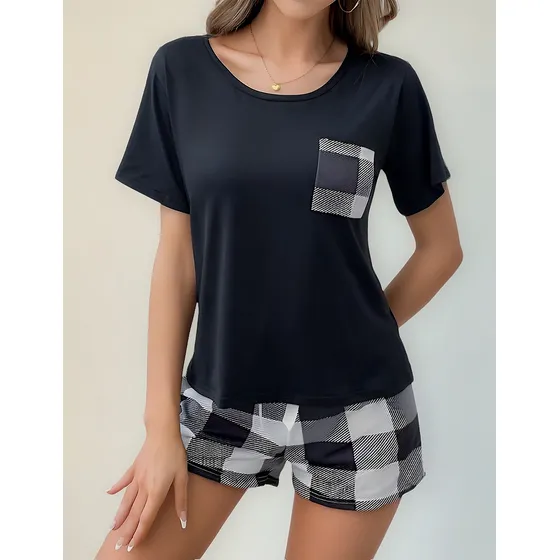 Pijama Verano Cuadros Conjunto 2 Piezas Manga Corta Hogar