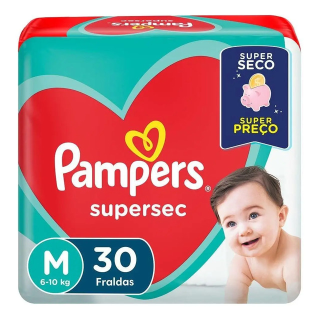 Pacote de fraldas Pampers Supersec tamanho M com 30 unidades, exibindo a embalagem vermelha e azul com a foto de um bebê sorrindo.