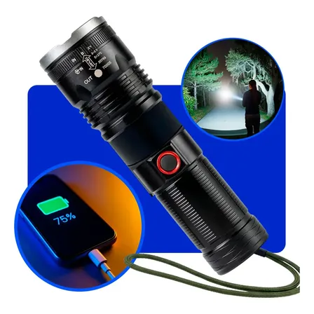 Lanterna Tatica Militar Profissional Led Mais Forte Do Mundo 2km Ultra Potente Aluminio Aviao Longo Alcance Zoom Telescopico Uniled Branco Preto