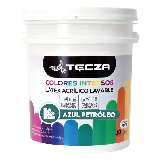 Pintura Latex Azul Petroleo Tecza, Lavable X 10 Litros, Linea Colores Intensos Preparados Apto Interior Y Exterior, Acabado Mate.