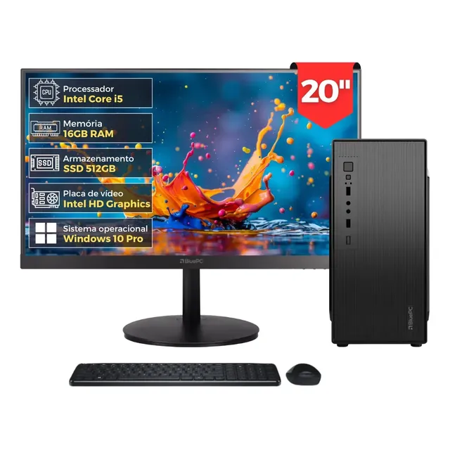 Computador Completo BluePC com processador Intel Core i5, 16GB RAM, SSD de 512GB e monitor de 20 polegadas.
