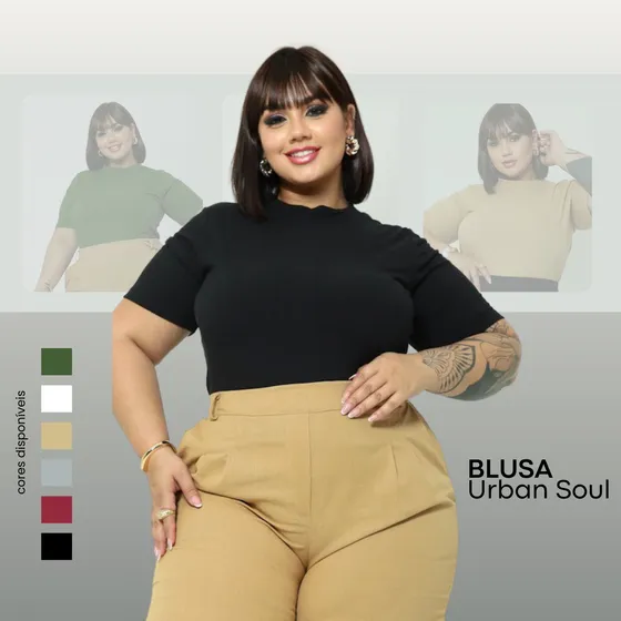 Blusa Blusinha Canelada Gola Com Manga Curta Plus Size