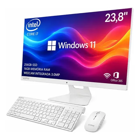 All In One Pc Ssd256 gb I7/16gb Tela 23.8 Windows 11 Completo Cor Branco Full Hd Webcam 3.0mp Wifi Sophi E240