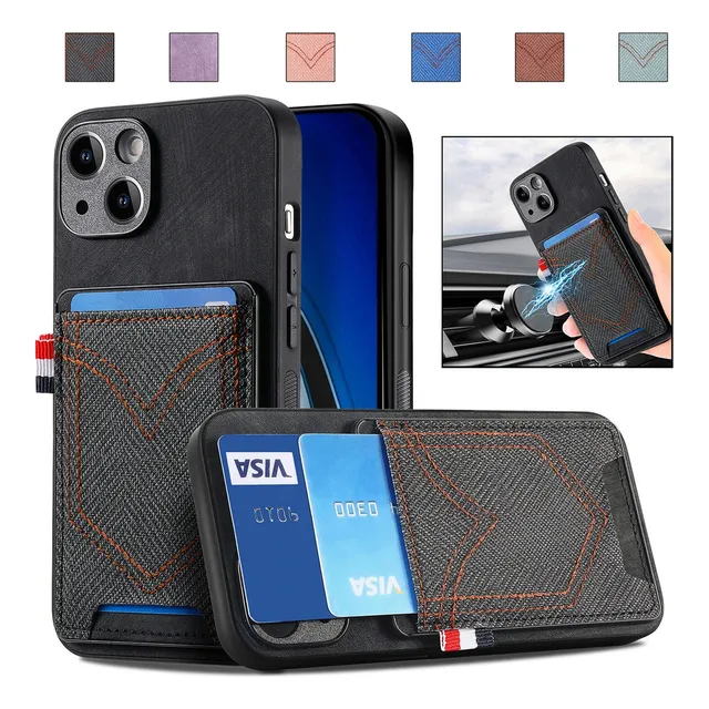 K Funda Tipo Cartera De Tela Vaquera Con Ranura For Tarjetas