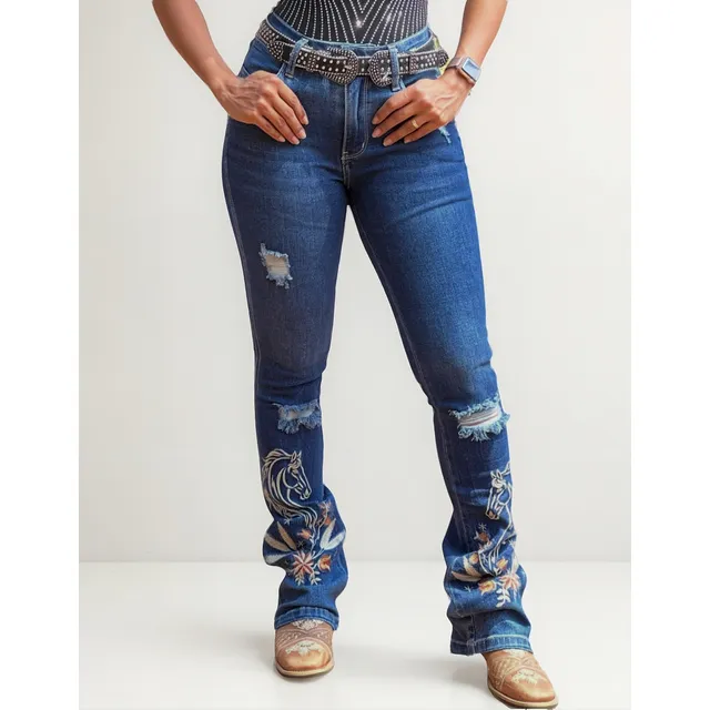 Calça Com Bodados Country Jeans Premium C/ Lycra Cavalo Farm