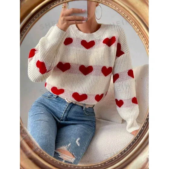 Shein Sueter Color Crema Con Corazones Rojos Original Shein