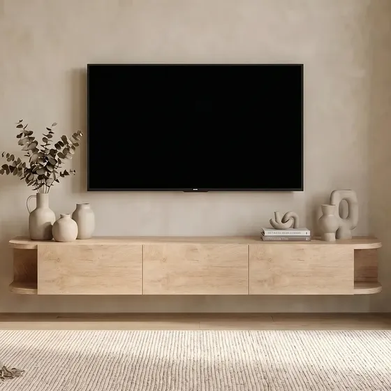 Rack Tv Flotante 160cm De Ancho 3 Puertas Hecho Por Melamina Color Marrón