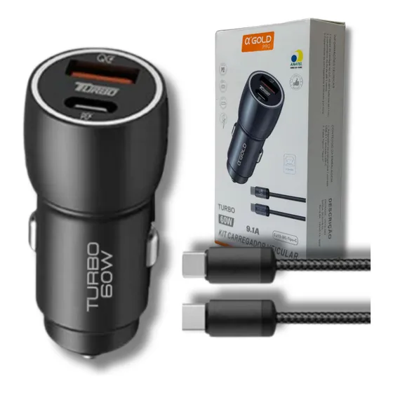 Carregador Veicular Turbo 60w Kit Com Cabo Carro Automotivo