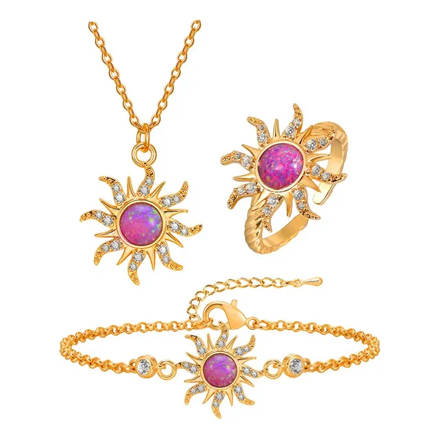 3pz Collar, Pulsera Y Anillo Rapunzel Ópalo Morado Dorado