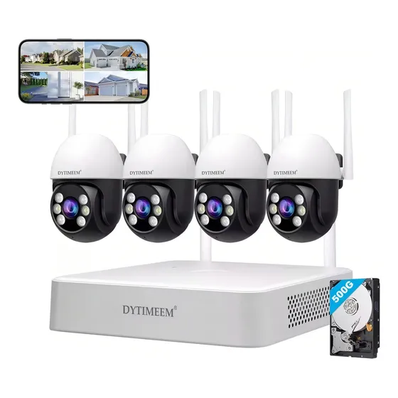Kit de Cámaras de Seguridad 2MP 4 Cámaras NVR 500GB Dytimeem NVS001 PTZ Visión 355° Detección de Movimiento Audio Bidireccional Visión Nocturna Color Blanco IP66