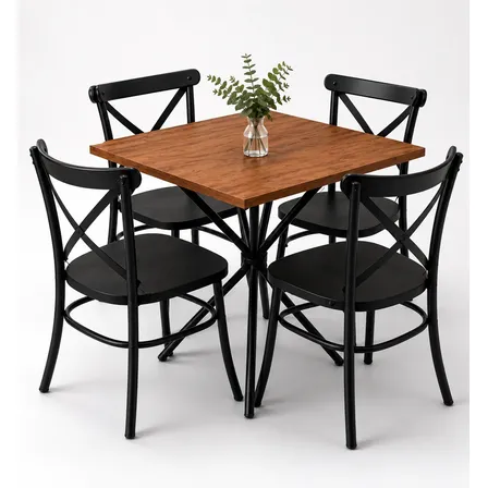 Kit Mesa De Cozinha Capri Aço 68x68cm 4 Cadeiras E Tampo Mdf Tampo Amadeirado Preto