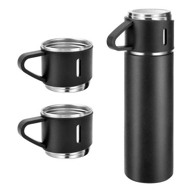 Kit Garrafa Térmica Inox 500ml Com 3 Xícara Garrafas De Café Preto