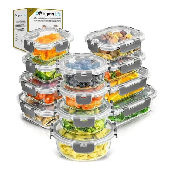 Magma Life Juego de 24 Piezas 12 Contenedores de Vidrio Herméticos para Alimentos Tapas de Cierre Fácil Refractarios Resistentes Aptos para Horno, Microondas Refrigerador y Congelador, Apilables Gris