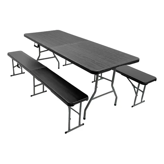 Mesa Plegable Picnic 180cm Simil Madera + 2 Bancos Plegables Jardin Negros Garden Life