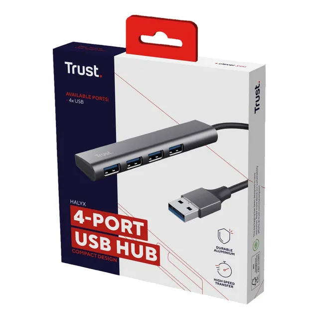 Hub 4 Puertos Trust Halyx Usb 3.2 Liviano Y Compacto Color Gris Oscuro