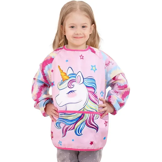 Delantal De Pintura Niña Impermeable Manga Larga 3 Bolsillos