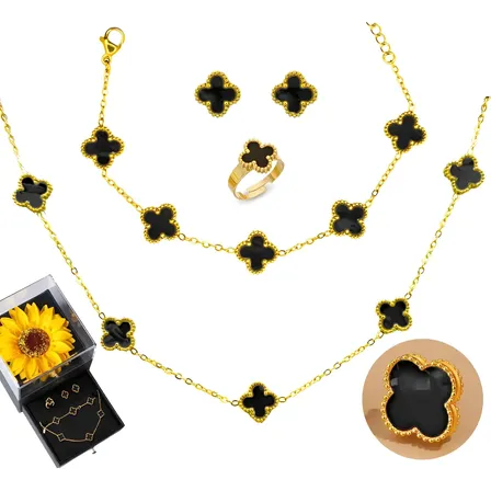 Kit Colar Choker Pulseira Brinco E Anel Trevo Preto Aço Inox