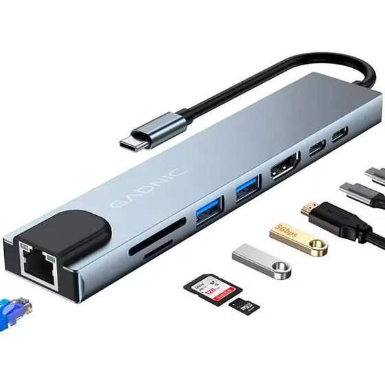 Adaptador Gadnic Macbook Pro 8 en 1 USB Tipo C Hub a HDMI lan 1000mb
