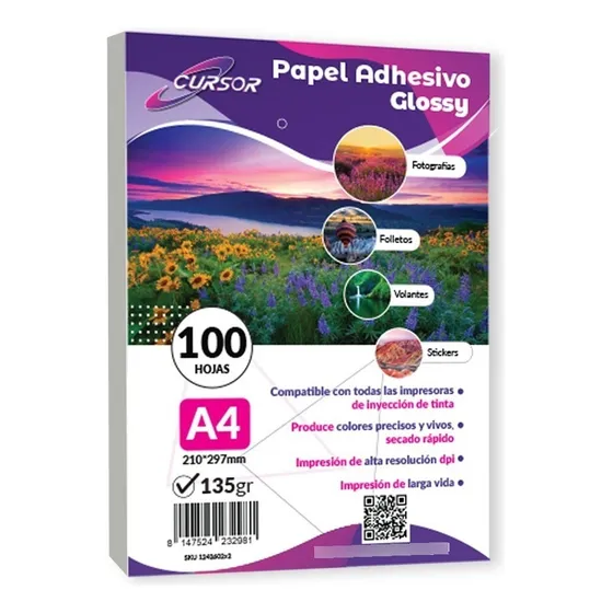 Papel Fotográfico Cursor 135gr Adhesivo Pack 100 Uni
