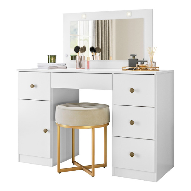 Penteadeira Com Espelho Led Camarim Sonhos Branco Moval - 121 Cm X 48 Cm X 137 Cm