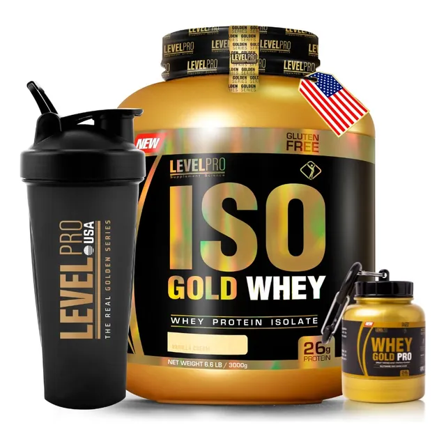 Iso Gold Whey 3kg + Shaker Level Pro + Porta Proteína
