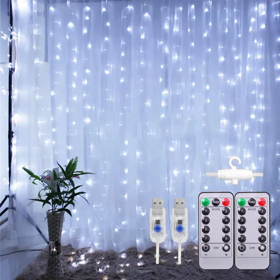 2 Piezas Cortinas Serie Luces 300 Led Decorativas Usb 3x3m Blanco Frio Ununmx