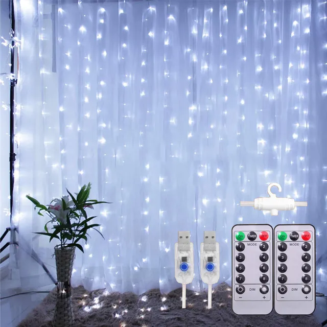 2 Piezas Cortinas Serie Luces 300 Led Decorativas Usb 3x3m Blanco Frio Ununmx