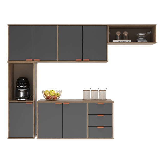 Armário De Cozinha Suspenso Compacto Com 7 Portas E 3 Gavetas Acabamento Moderno Em Cinza ... Armário De Cozinha Suspenso Compacto Com 7 Portas E 3 Gavetas Acabamento Moderno Em Cinza ...