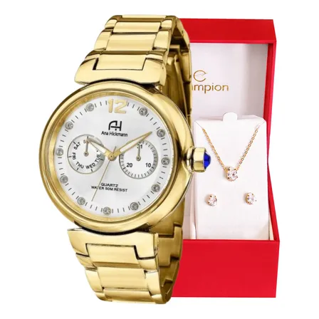 Relógio Ana Hickmann Ah30175h Dourado Feminino Analógico Com Calendário Branco