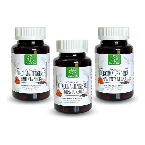 Kit 3 Frascos Cúrcuma Jengibre Y Pimienta Negra Cápsulas