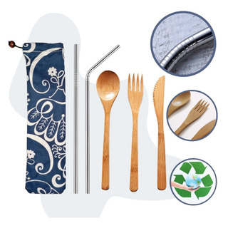Set Cubiertos Bambú + Kit Popotes 20 Oz De Acero Inoxidable Set Cubiertos Bambú + Kit Popotes 20 Oz De Acero Inoxidable