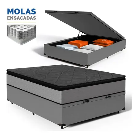 Cama Box Baú + Colchão Molas Ensacadas Pillowtop Vitta Casal Cinza