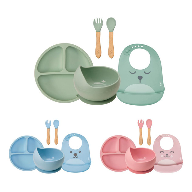Kit Buba Introdução Alimentar Silicone Prato Ventosa Babador Kit Buba Introdução Alimentar Silicone Prato Ventosa Babador