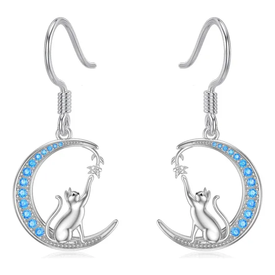 Aros Gato Pendientes Luna Azul Plata 925 Mujer